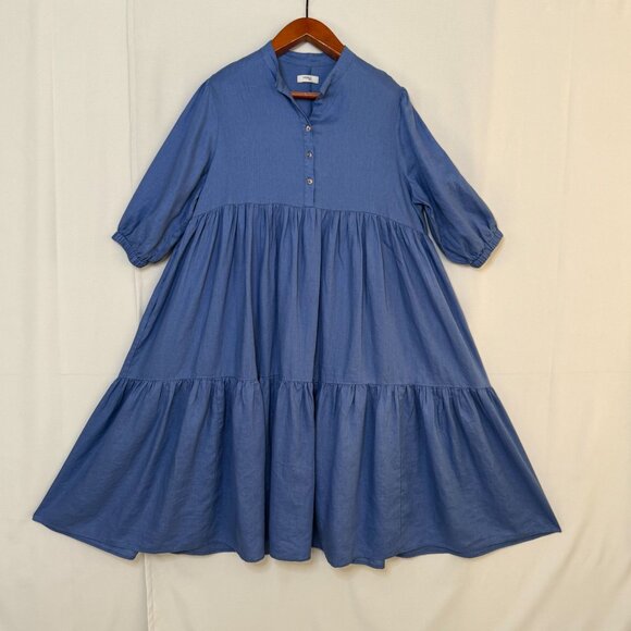 Visible Art Blue 100% Linen Ballon 3/4 Sleeves Empire Waist Midi Dress Size XL - Picture 1 of 12